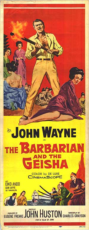 Close-up of the Barbarian And The Geisha collectible movie poster, featuring intricate details and vivid colors.