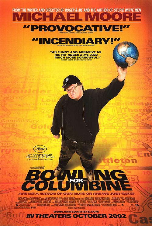Bowling For Columbine documentary cover featuring intense imagery.