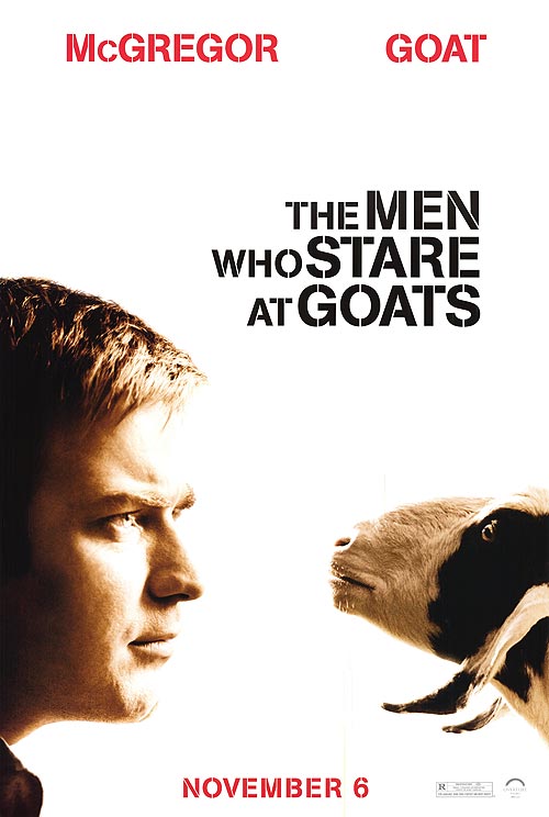 Cover of The Men Who Stare At Goats book showcasing its satirical theme.