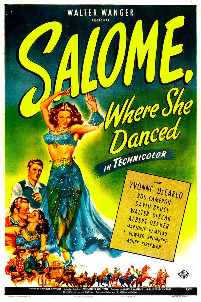 Framed Salome Where She Danced vintage movie poster displayed in a modern living room with ambient lighting