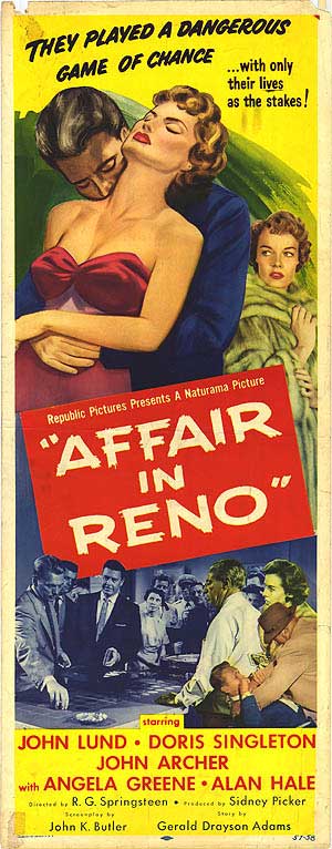 Close-up of Affair in Reno vintage movie poster showing paper loss and edge wear