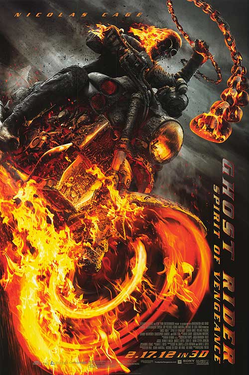 Nicolas Cage as Ghost Rider in an action-packed scene from Spirit of Vengeance.
