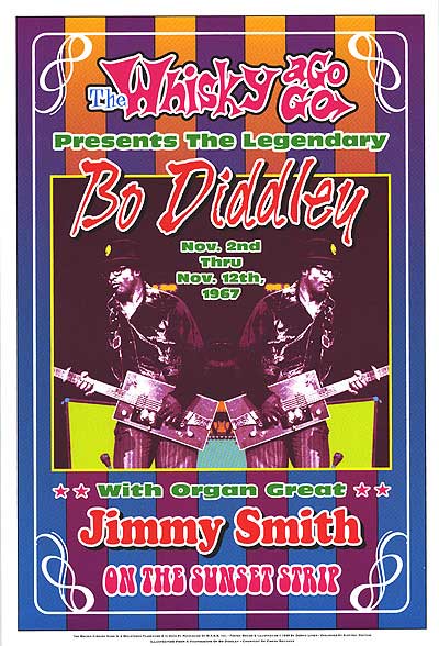 Bo Diddley performing live on stage at Sunset Strip, guitar in hand, crowd energized
