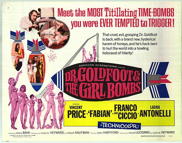 Close-up of Dr. Goldfoot and the Girl Bombs vintage poster with vibrant colors