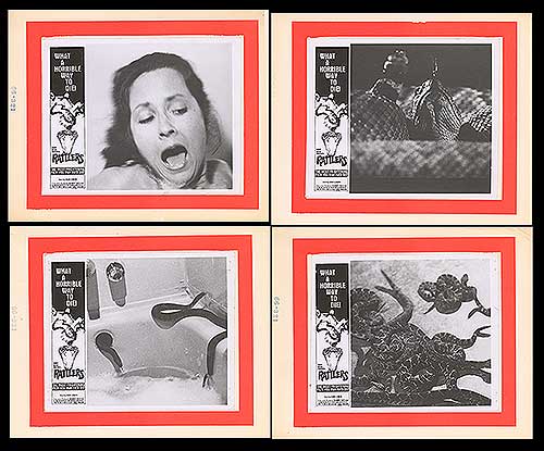 Close-up of Rattlers 1976 vintage horror lobby cards, glued set for display