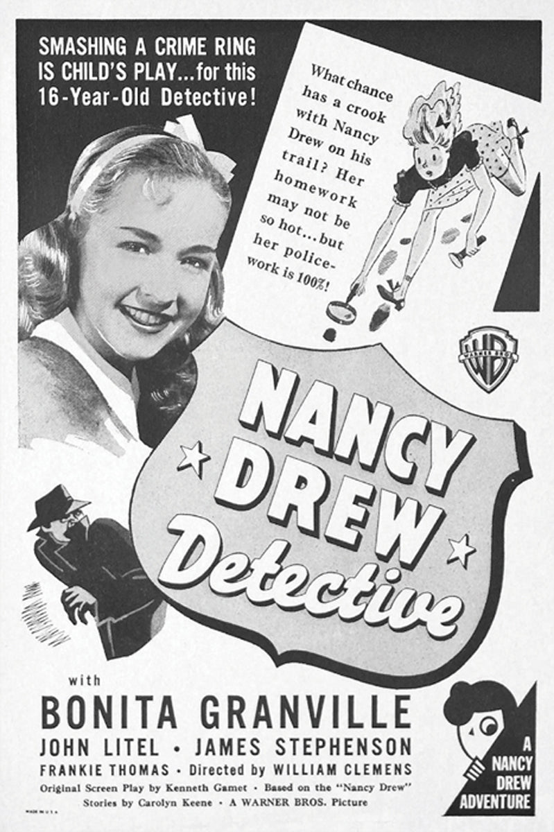 Nancy Drew detective poster hanging in a stylish bedroom setup