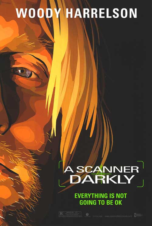 Woody Harrelson in Scanner Darkly, showcasing the film's unique animation style.
