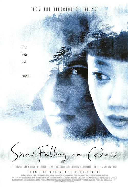 Cover of Snow Falling on Cedars, a historical fiction novel highlighting courtroom drama and romance.