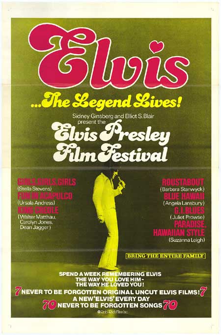 A vibrant scene from the Elvis film festival showcasing memorabilia and fans enjoying the event.