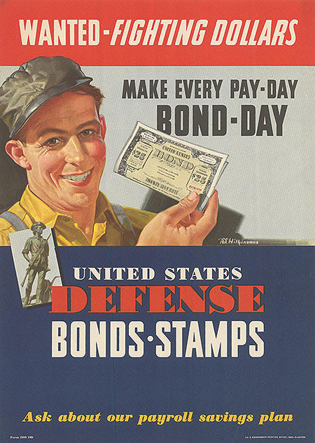 Close-up of vintage fighting dollars on 1942 war bond print