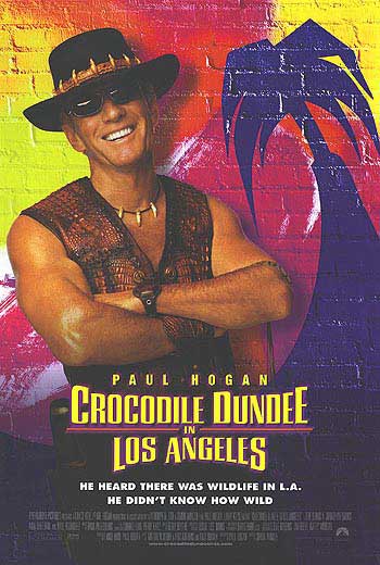Crocodile Dundee in Los Angeles DVD cover showcasing the main character in a vibrant cityscape.