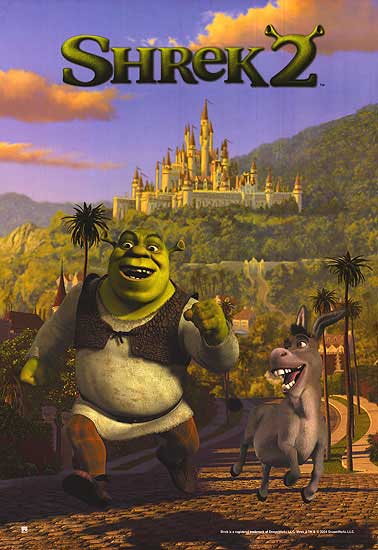 Shrek 2 DVD and collectible figures displayed on a shelf