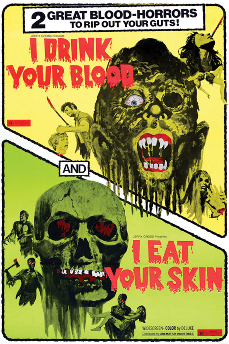 Framed giclee print of Blood Feast cult movie poster hanging in a home theater setting