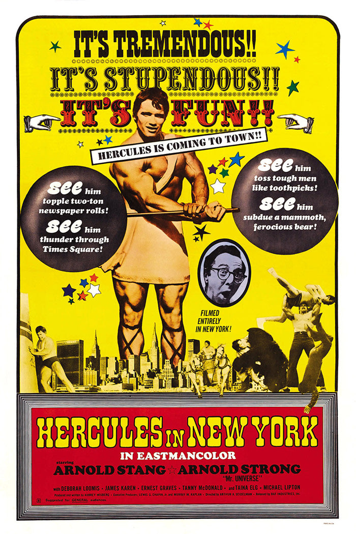 Framed Hercules poster featuring young Arnold Schwarzenegger in dramatic pose – ideal vintage movie art for wall display