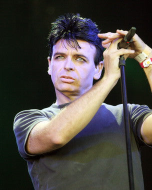Gary Numan band apparel displayed on a hanger, showcasing stylish merchandise for fans