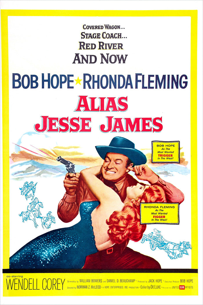 Front view of Alias Jesse James art print hanging in a living room, showcasing vibrant colors and modern style