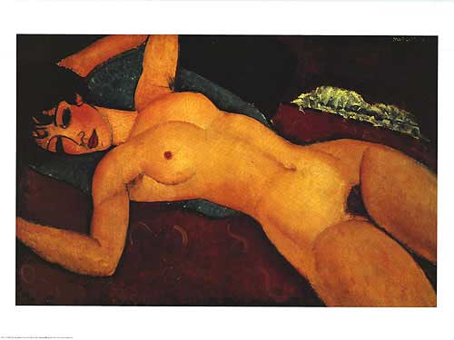 Amedeo Modigliani's reclining nude art print showcasing elegant curves and soft colors.
