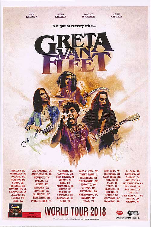 Greta Van Fleet performing live at their world tour concert, showcasing energetic stage presence.