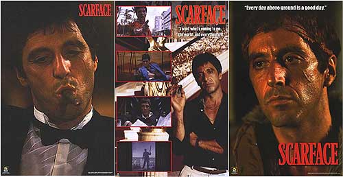 Scarface vintage poster set displayed on a living room wall, perfect for movie decor.