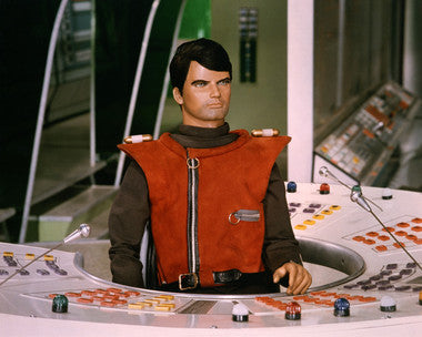 Close-up of Captain Scarlet Spectrum action figure with detailed costume and articulation