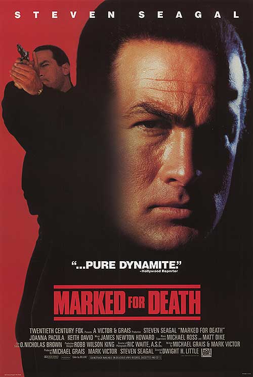 A tense moment from Marked for Death, showcasing the intense action sequences.