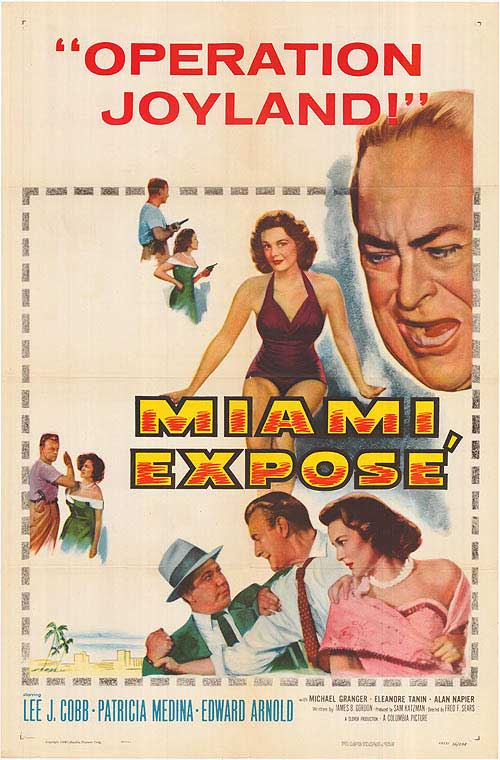 Close-up of Miami Expose 1956 vintage crime poster with Lee J Cobb