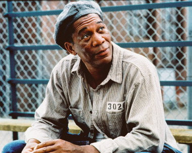 Shawshank Redemption movie poster featuring Morgan Freeman and Tim Robbins in a dramatic prison scene.
