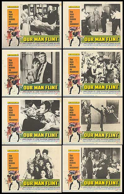 Our Man Flint miniature figures displayed on shelf for collectors