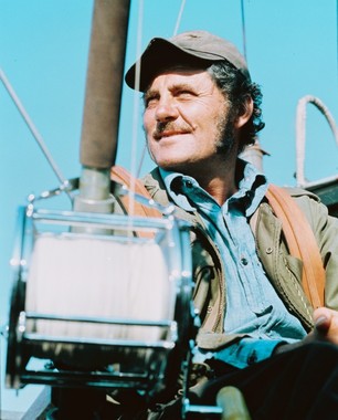 Close-up of a vintage Jaws movie poster with Robert Shaw's image