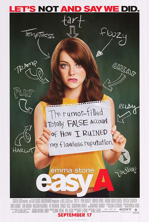 Emma Stone smiling in Easy A, a teen comedy movie scene