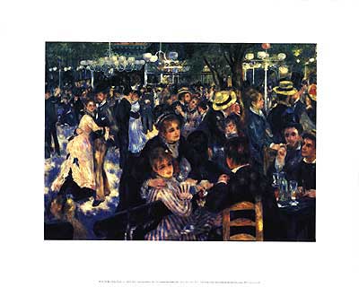 Close-up view of Renoir's Le Moulin De la Galette art print, highlighting intricate details.