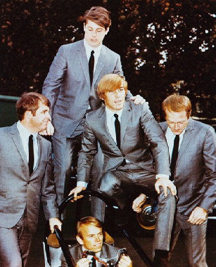 Close-up of Beach Boys vinyl records stacked on a shelf, showcasing their vibrant album covers.
