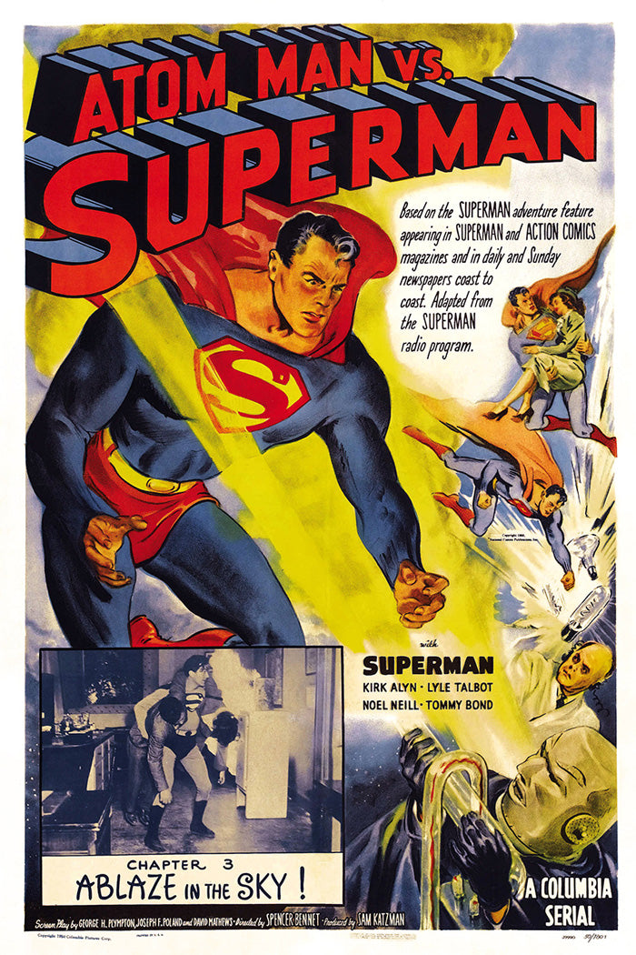 Close-up of Atom Man vs. Superman art print, highlighting vibrant colors.