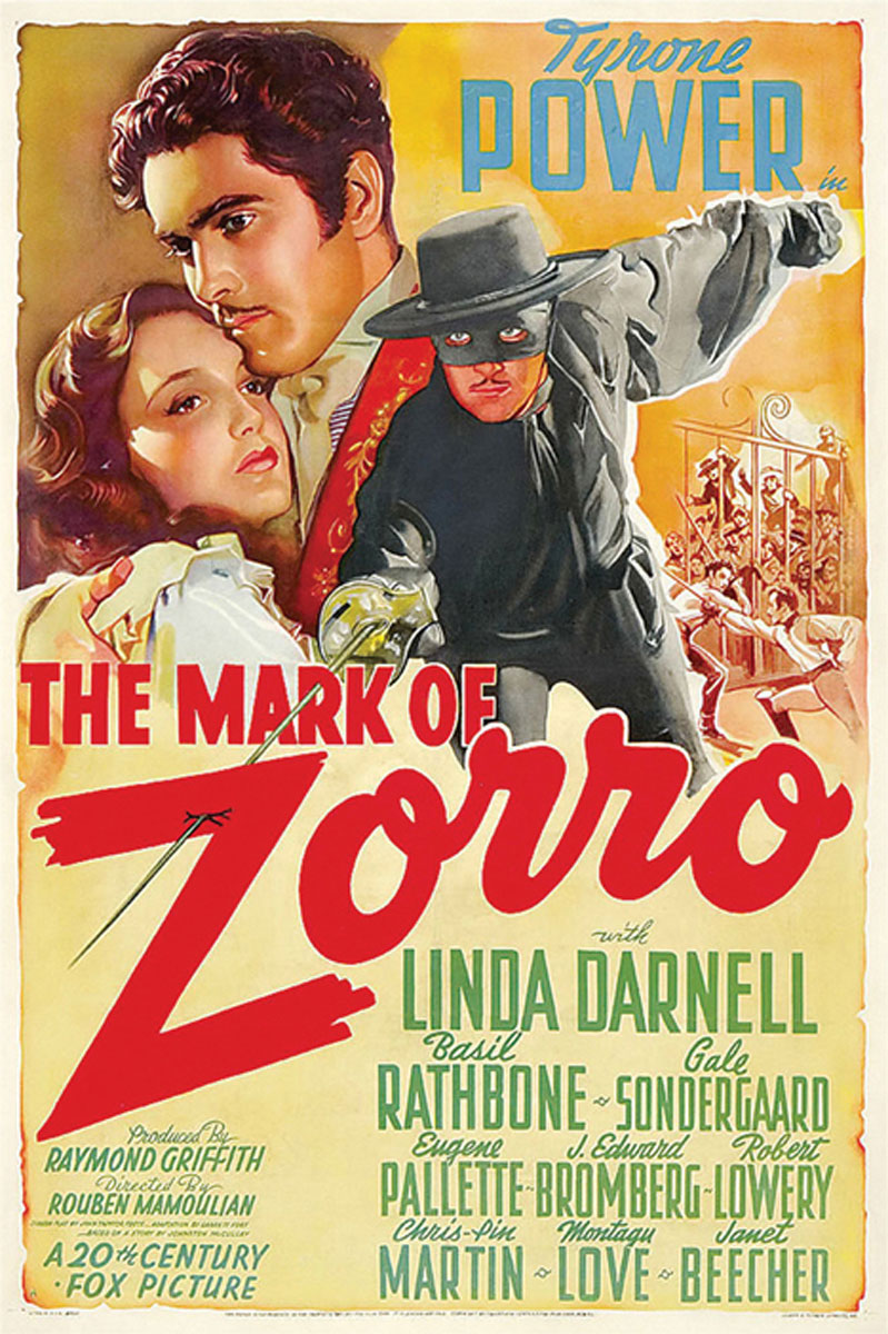 Close-up of the Zorro poster canvas with rich vintage colors and bold typography