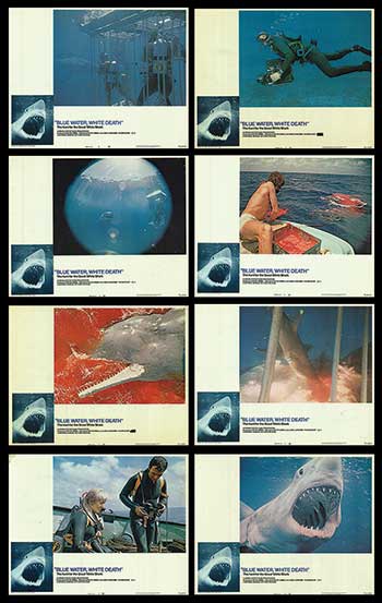 Blue Water White Death movie poster from a side angle showcasing vibrant colors.
