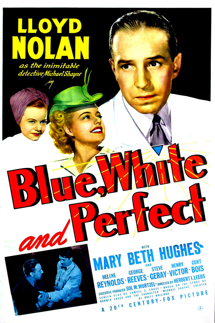 Framed Blue White and Perfect poster hanging in a modern living room with soft lighting and clean lines.