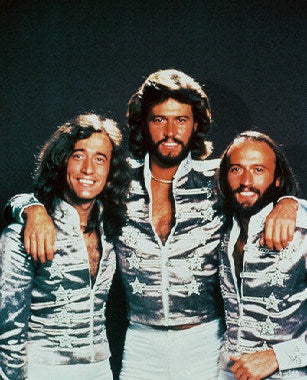 Close-up of a vintage Bee Gees vinyl record showcasing its iconic album cover.