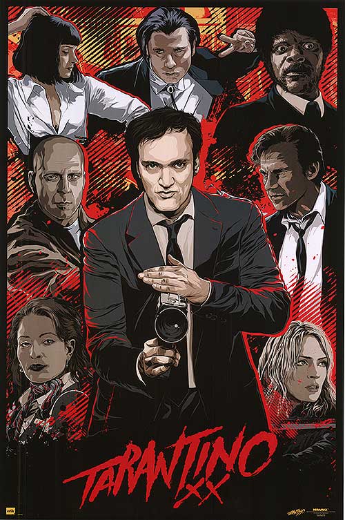 Close-up of Tarantino pop culture art wall hanging, showcasing detailed movie collage imagery