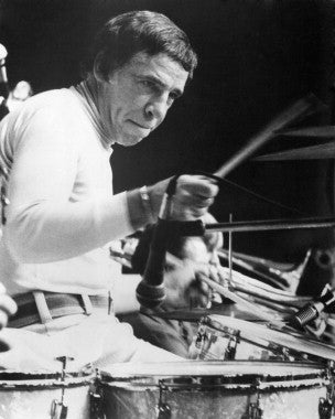 View of Buddy Rich Professional Jazz Drum Set from the front, showcasing its sleek design and vibrant finish.