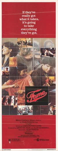 Close-up of the authentic vintage Fame movie poster highlighting creases and details.