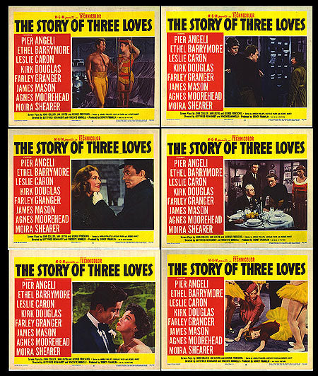 Close-up of Story of 3 Loves lobby card showcasing romantic scene.