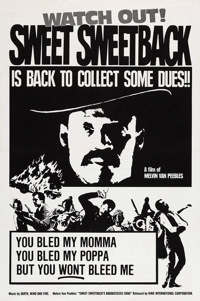 Close-up of the vintage Sweet Sweetback's Baadasssss Song poster highlighting bold colors and design