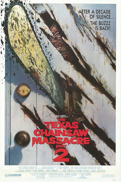 Close-up of Texas Chainsaw Massacre 2 DVD cover with horror imagery