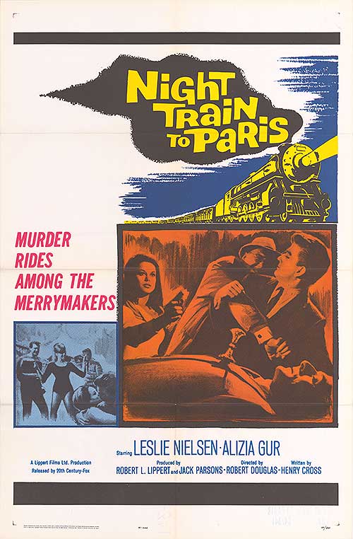 Night Train to Paris DVD cover showcasing Leslie Nielsen in a classic spy thriller scene.
