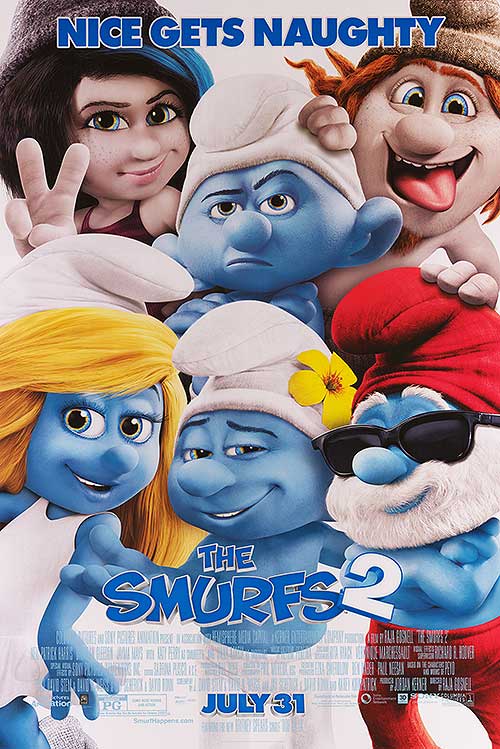 Front view of the Smurfs plush toys arranged on a display shelf – features popular characters in bright detail.