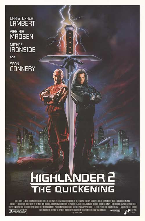 Highlander II: The Quickening DVD cover art with futuristic city background
