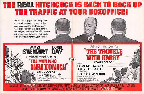 Close-up of vintage Hitchcock poster with edge wear featuring 'Man Who Knew Too Much'