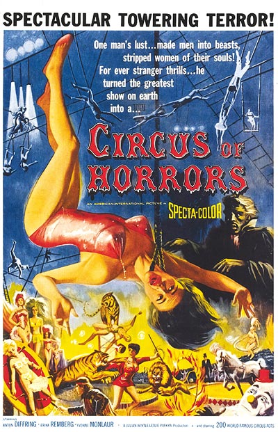 Daring circus performers in horror-themed costumes during the Circus of Horrors show