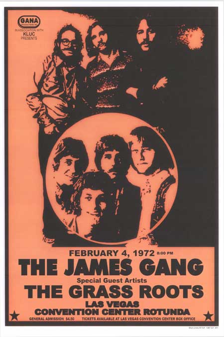 Front view of James Gang & Grass Roots concert poster on textured wall, featuring rich retro colors and bold band lettering
