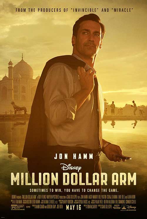 Main characters of Million Dollar Arm in a baseball stadium